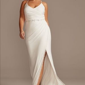 Ruched Skinny Strap Dress w Lace Slit WEDDING
